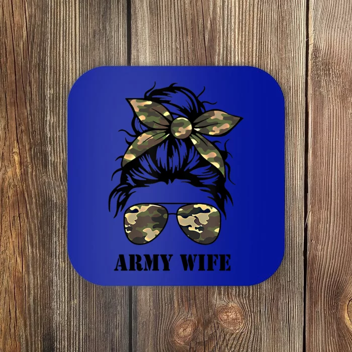 Proud Army Wife Messy Bun Camo Flag Spouse Military Pride Gift Coaster