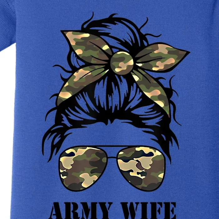 Proud Army Wife Messy Bun Camo Flag Spouse Military Pride Gift Baby Bodysuit