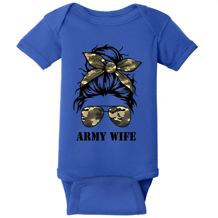 Proud Army Wife Messy Bun Camo Flag Spouse Military Pride Gift Baby Bodysuit