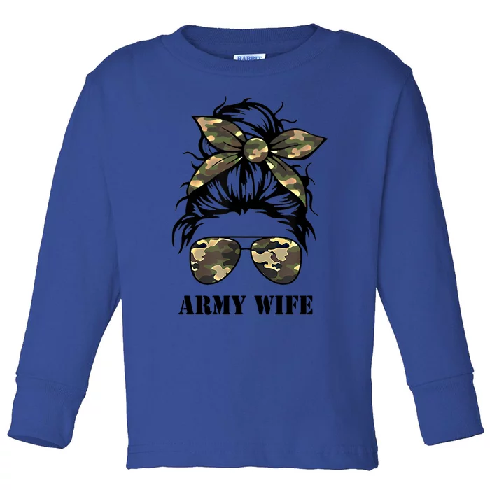 Proud Army Wife Messy Bun Camo Flag Spouse Military Pride Gift Toddler Long Sleeve Shirt