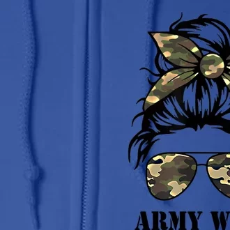 Proud Army Wife Messy Bun Camo Flag Spouse Military Pride Gift Full Zip Hoodie