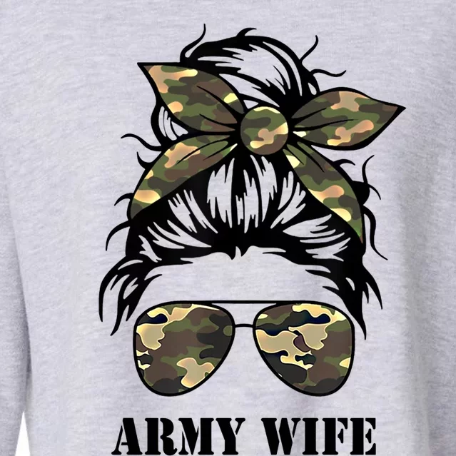 Proud Army Wife Messy Bun Camo Flag Spouse Military Pride Gift Cropped Pullover Crew