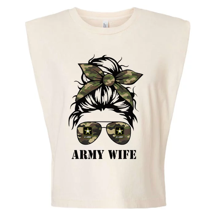 Proud Army Wife Messy Bun Hair Camouflage Bandana Sunglasses Garment-Dyed Women's Muscle Tee