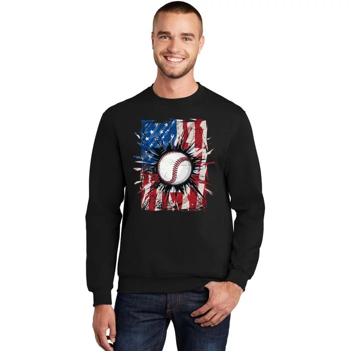 Patriotic Baseball 4th Of July Usa American Flag Tall Sweatshirt