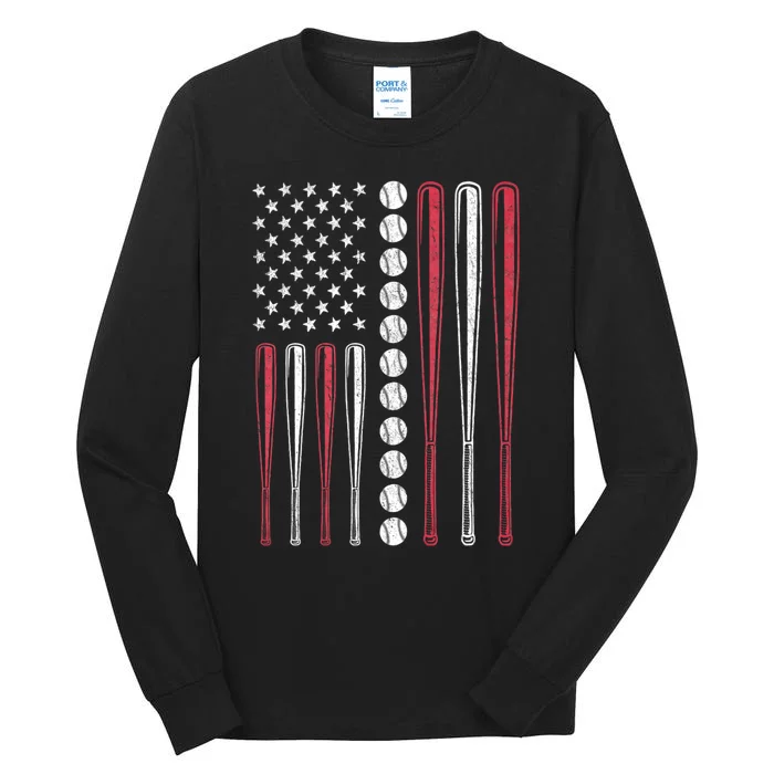 Patriotic Baseball 4th Of July Usa American Flag Tall Long Sleeve T-Shirt