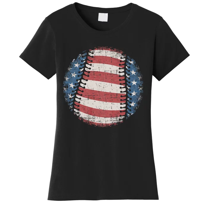 Patriotic Baseball 4th Of July Usa American Flag Vintage Baseball American Flag Women's T-Shirt