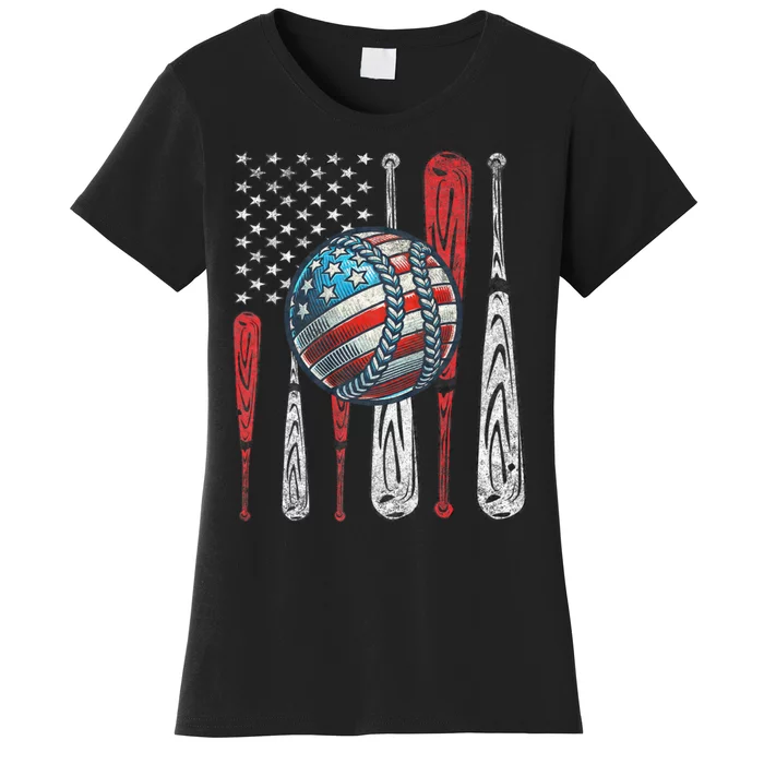 Patriotic Baseball 4th Of July Usa American Flag Vintage Baseball American Flag Women's T-Shirt