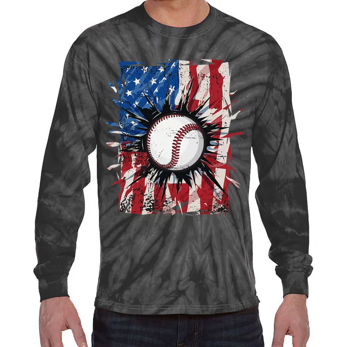 Patriotic Baseball 4th Of July Men USA American Flag Tie-Dye Long Sleeve Shirt