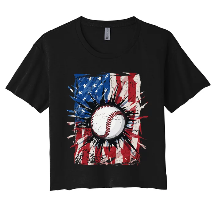 Patriotic Baseball 4th Of July Men USA American Flag Women's Crop Top Tee