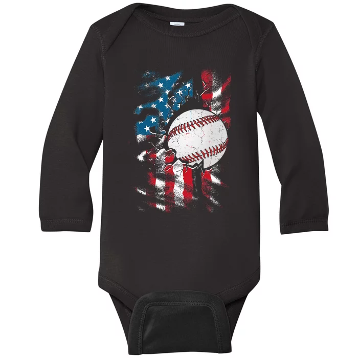 Patriotic Baseball 4th Of July USA American Flag Baby Long Sleeve Bodysuit