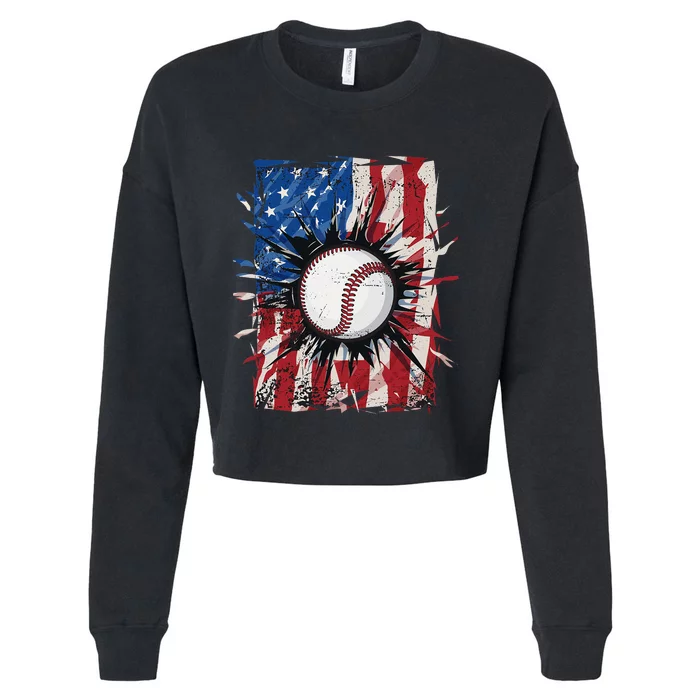 Patriotic Baseball 4th Of July USA American Flag Cropped Pullover Crew