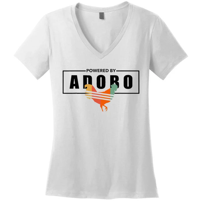 Powered By Adobo Chicken Retro Rooster Filipino Popular Food Women's V-Neck T-Shirt