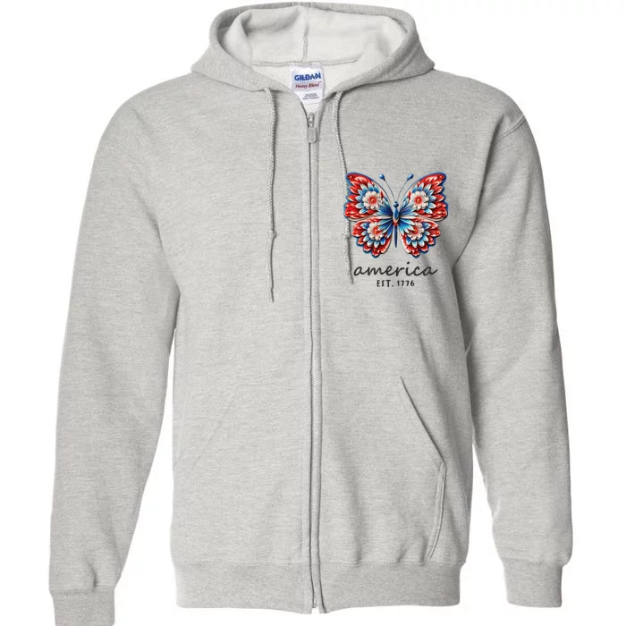 Patriotic Butterfly America Est 1776 July 4 Red White Blue Full Zip Hoodie