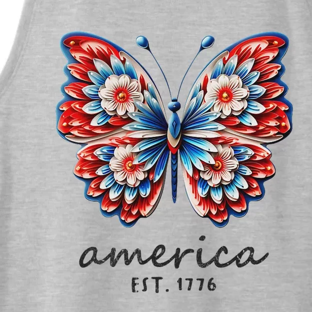 Patriotic Butterfly America Est 1776 July 4 Red White Blue Ladies Tri-Blend Wicking Tank