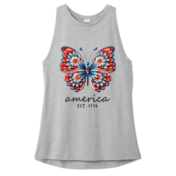 Patriotic Butterfly America Est 1776 July 4 Red White Blue Ladies Tri-Blend Wicking Tank