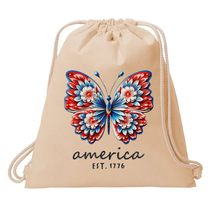 Patriotic Butterfly America Est 1776 July 4 Red White Blue Drawstring Bag