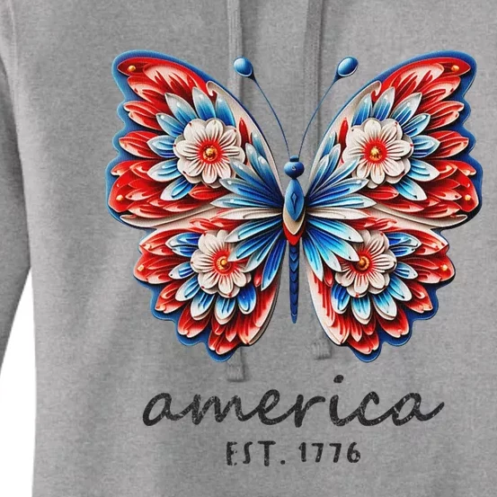 Patriotic Butterfly America Est 1776 July 4 Red White Blue Women's Pullover Hoodie