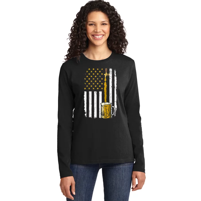 Pouring Beer American Flag Vintage 4th of July Craft Brewery Raglan Ladies Long Sleeve Shirt