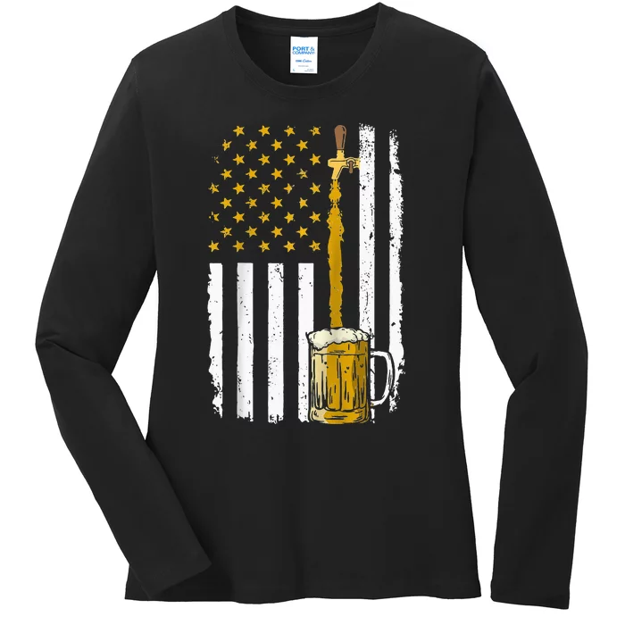 Pouring Beer American Flag Vintage 4th of July Craft Brewery Raglan Ladies Long Sleeve Shirt