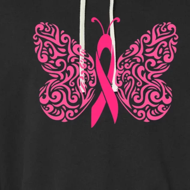 Pink Butterfly Breast Cancer Ribbon Garment-Dyed Fleece Hoodie