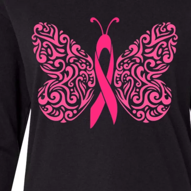 Pink Butterfly Breast Cancer Ribbon Womens Cotton Relaxed Long Sleeve T-Shirt