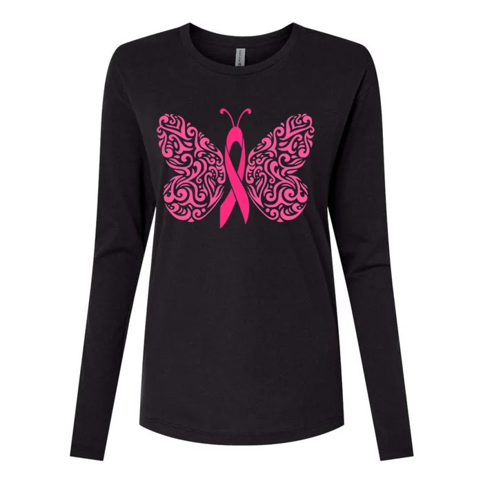 Pink Butterfly Breast Cancer Ribbon Womens Cotton Relaxed Long Sleeve T-Shirt