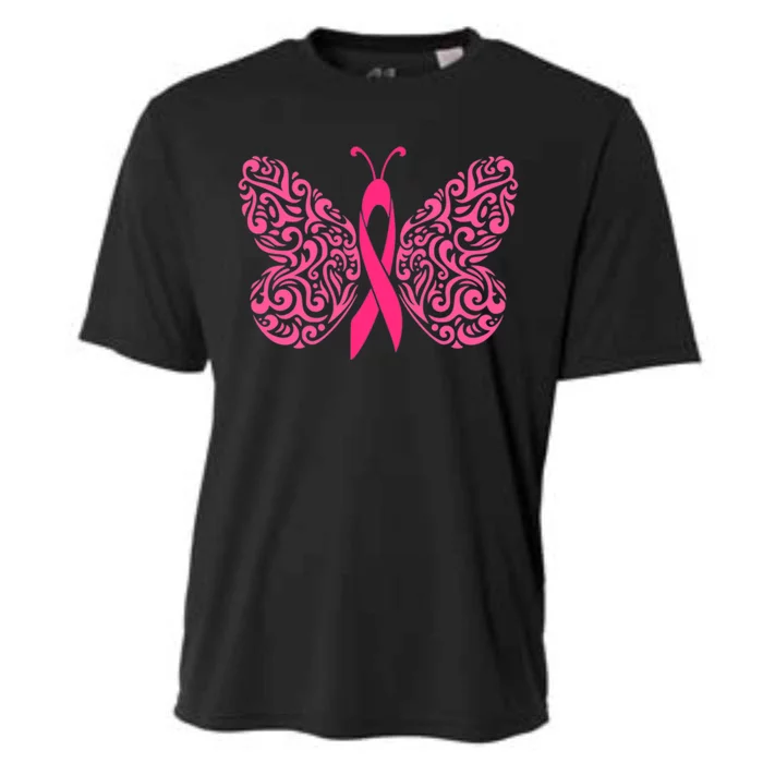 Pink Butterfly Breast Cancer Ribbon Cooling Performance Crew T-Shirt