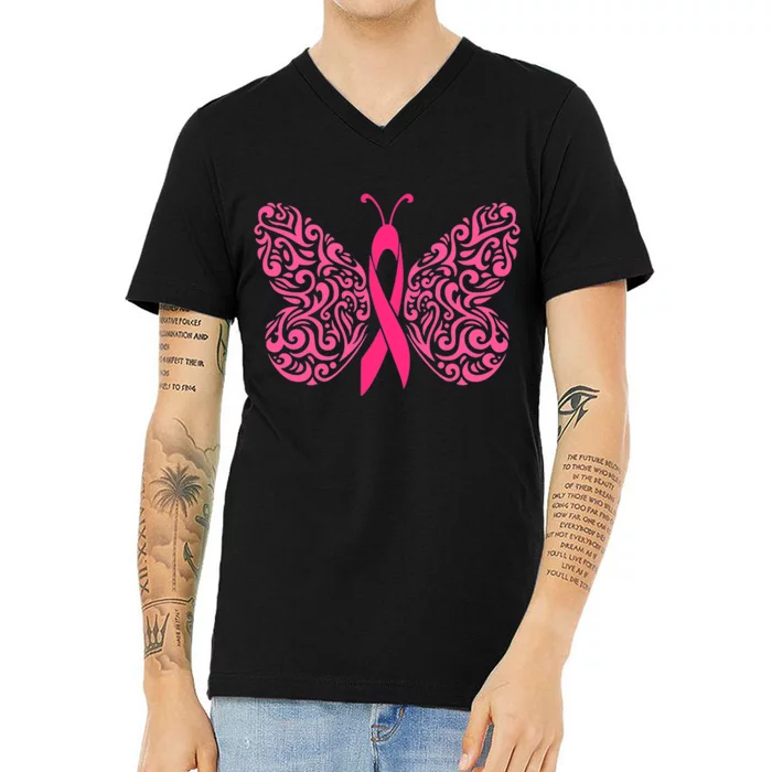 Pink Butterfly Breast Cancer Ribbon V-Neck T-Shirt