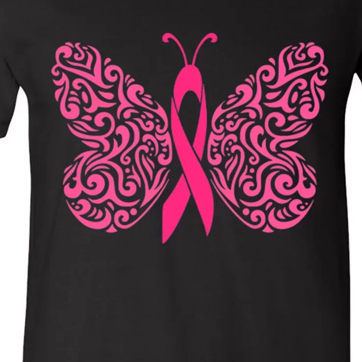 Pink Butterfly Breast Cancer Ribbon V-Neck T-Shirt