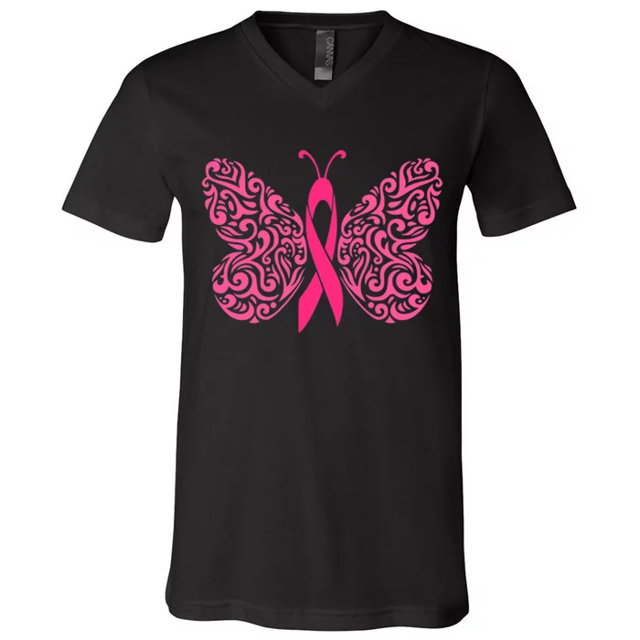 Pink Butterfly Breast Cancer Ribbon V-Neck T-Shirt