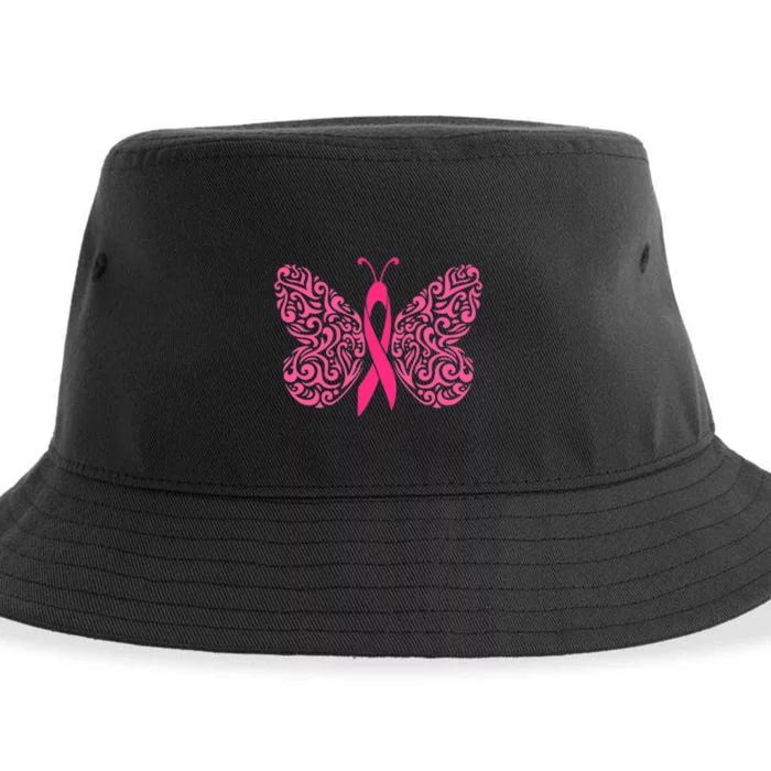 Pink Butterfly Breast Cancer Ribbon Sustainable Bucket Hat