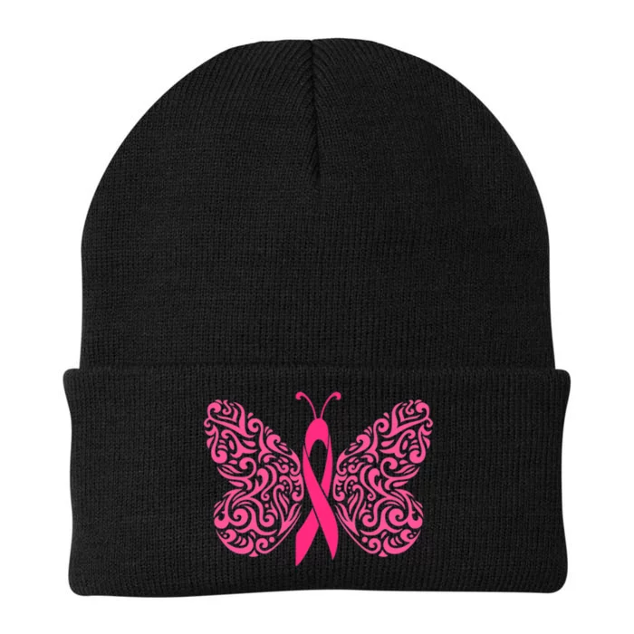 Pink Butterfly Breast Cancer Ribbon Knit Cap Winter Beanie