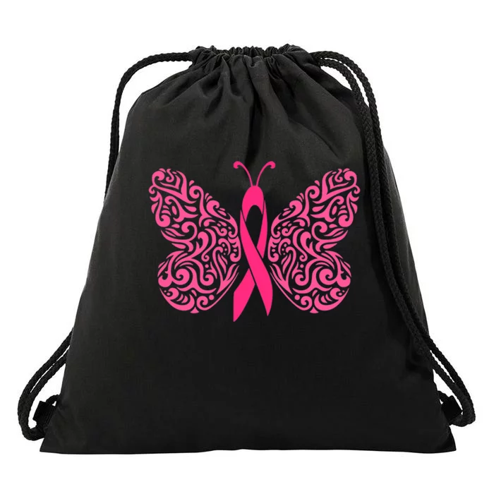 Pink Butterfly Breast Cancer Ribbon Drawstring Bag