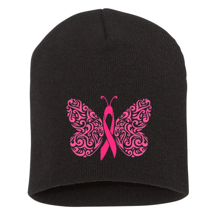 Pink Butterfly Breast Cancer Ribbon Short Acrylic Beanie