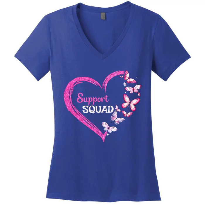 Pink Butterfly Breast Cancer Support Squad Pink Ribbon Funny Gift Women's V-Neck T-Shirt