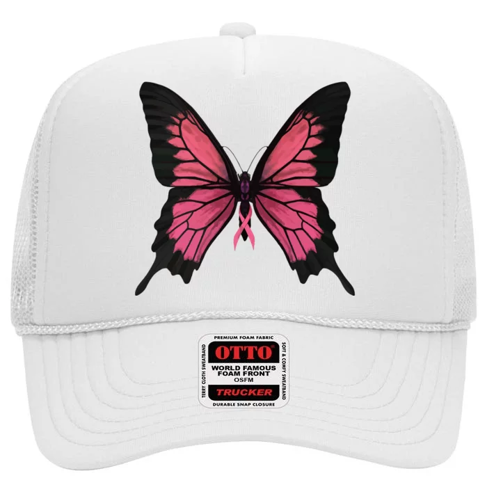 Pink Butterfly Breast Cancer Awareness High Crown Mesh Trucker Hat