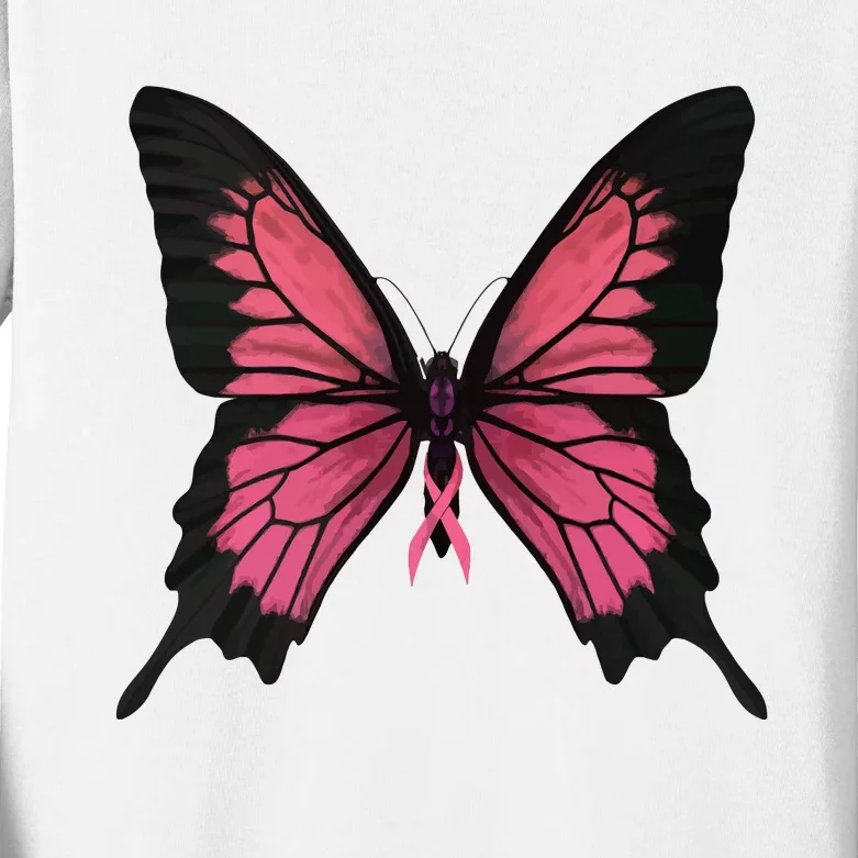 Pink Butterfly Breast Cancer Awareness Kids Long Sleeve Shirt