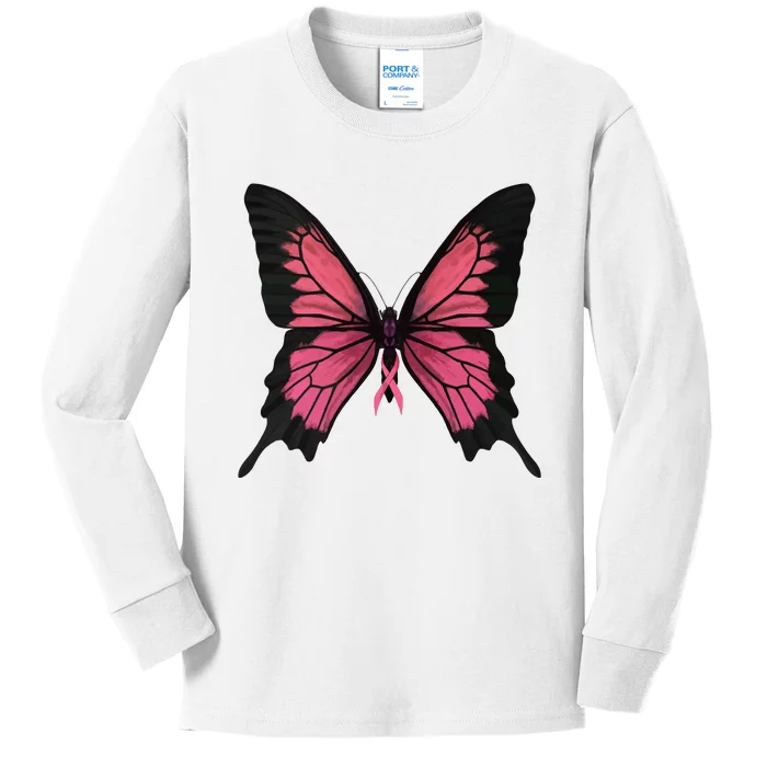 Pink Butterfly Breast Cancer Awareness Kids Long Sleeve Shirt