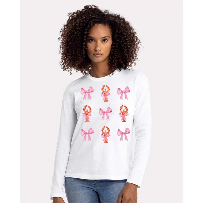 Pink Bow Cute Coquette Crawfish Y2k Clean Girl Aesthetic Womens Cotton Relaxed Long Sleeve T-Shirt