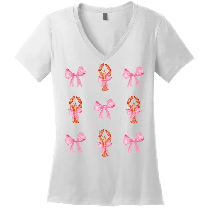 Pink Bow Cute Coquette Crawfish Y2k Clean Girl Aesthetic Women's V-Neck T-Shirt