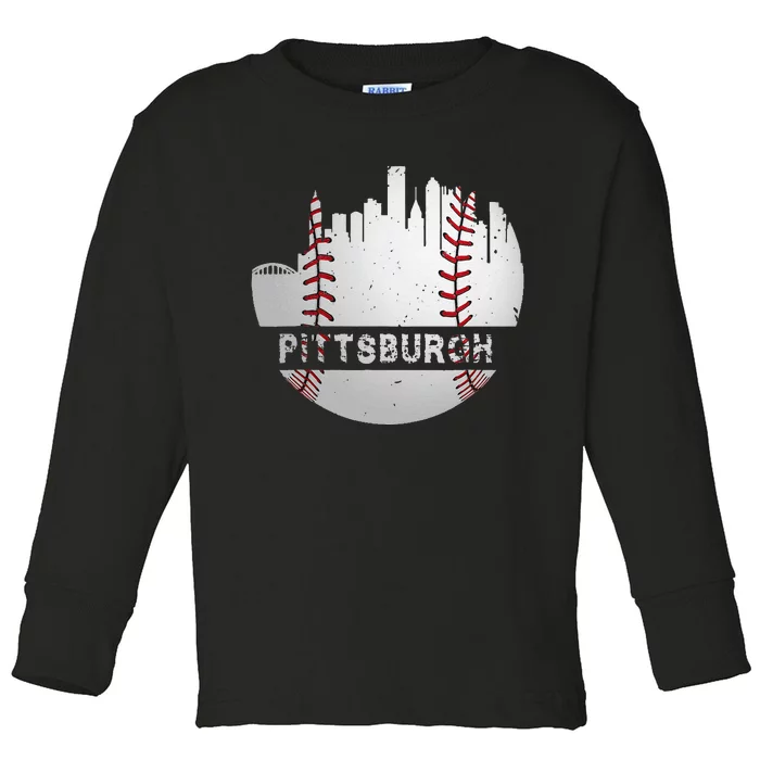 Pittsburgh Baseball Cityscape Distressed Novelty Pirate Gift Toddler Long Sleeve Shirt