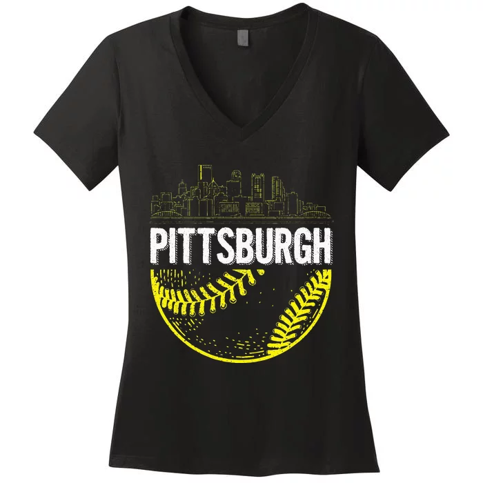 Pittsburgh Baseball Cityscape Distressed Women's V-Neck T-Shirt