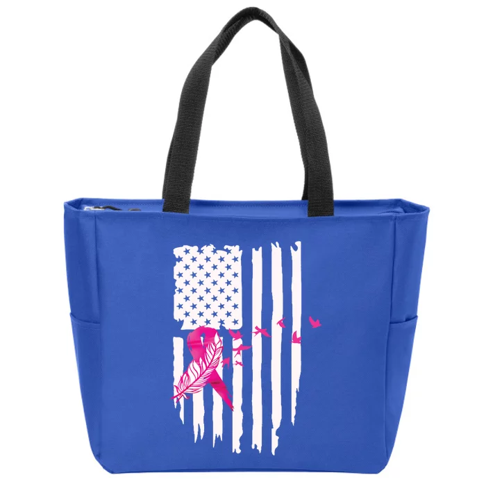 Patriot Breast Cancer Awareness Ribbon With Doves And Feather Gift Zip Tote Bag