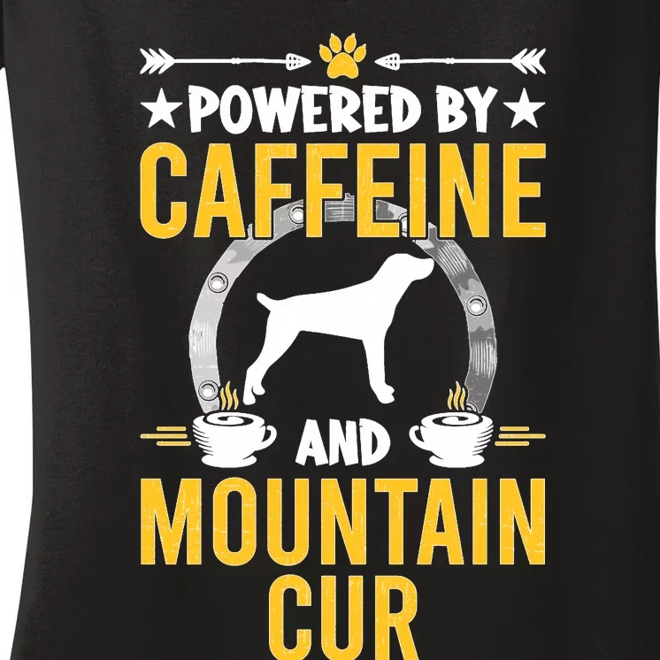 Powered By Caffeine And Mountain Cur Dog Lovers Long Sleeve Women's V-Neck T-Shirt