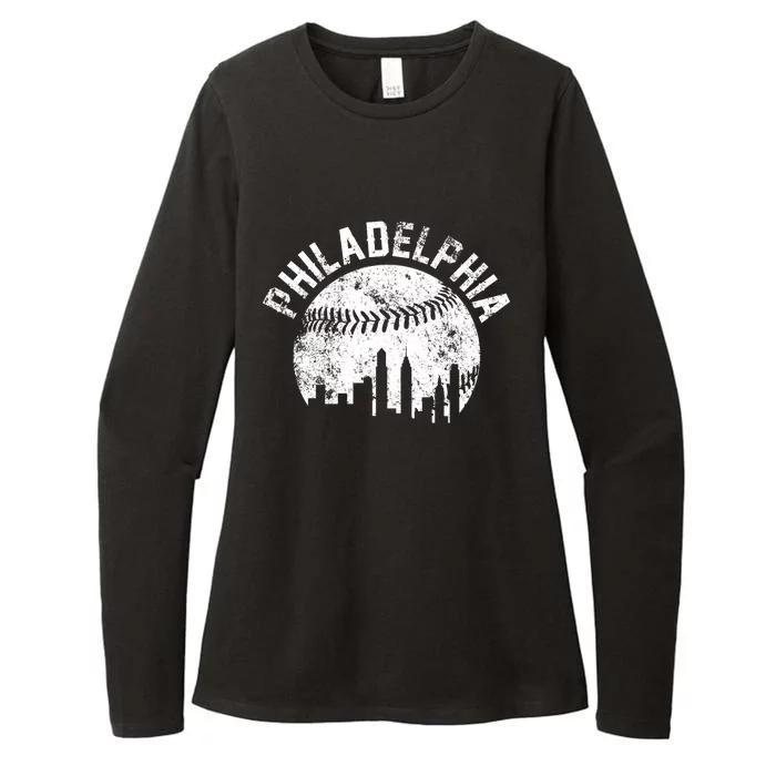 Philadelphia Baseball City Skyline Vintage Womens CVC Long Sleeve Shirt