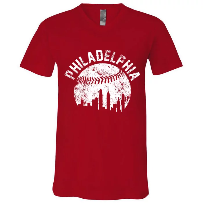 Philadelphia Baseball City Skyline Vintage V-Neck T-Shirt