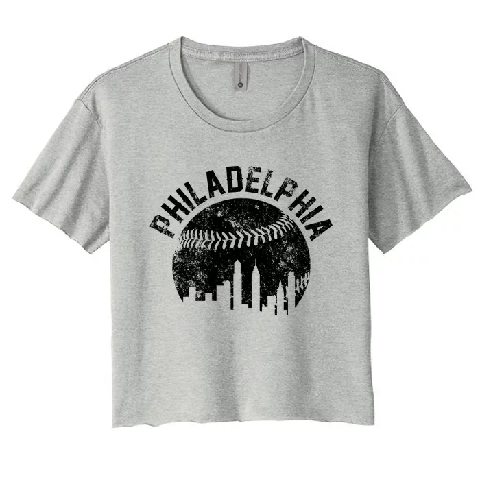 Philadelphia Baseball City Skyline Vintage Women's Crop Top Tee