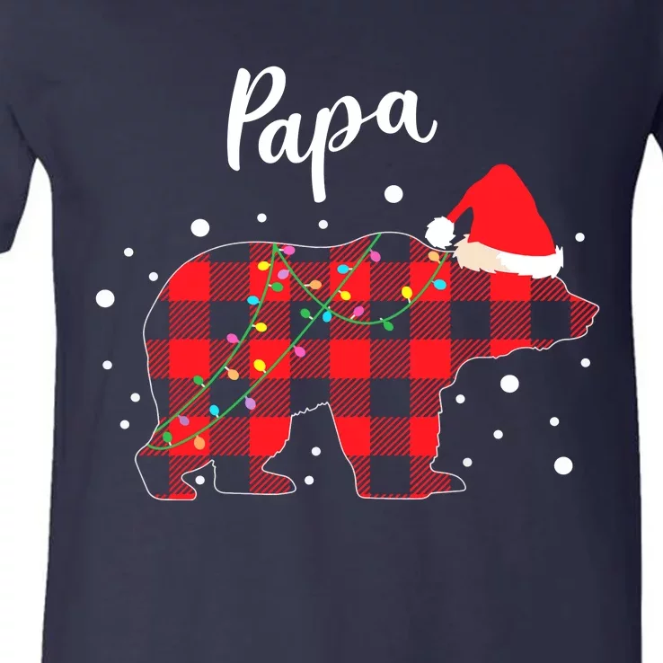 Papa Bear Christmas Pajama Red Plaid Buffalo Matching Family V-Neck T-Shirt