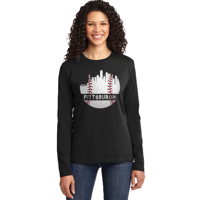 Pittsburgh Baseball Cityscape Distressed Novelty Pirate Gift Ladies Long Sleeve Shirt