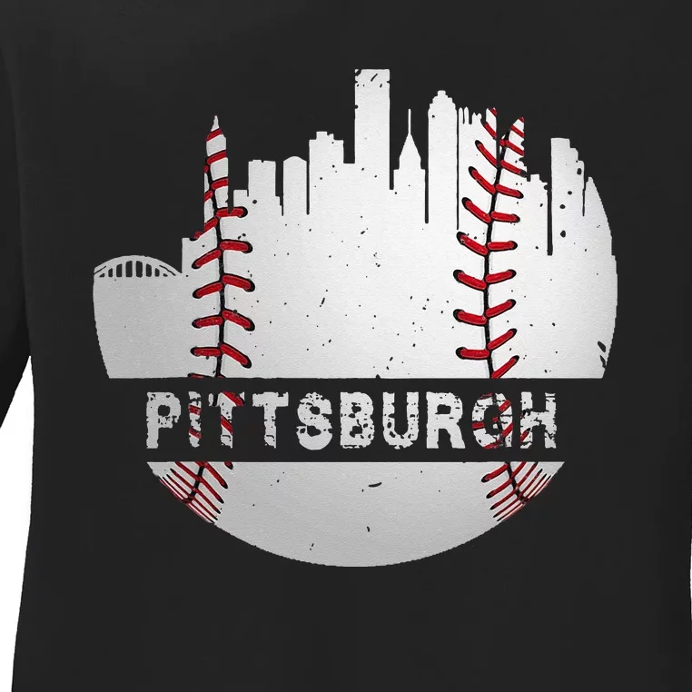 Pittsburgh Baseball Cityscape Distressed Novelty Pirate Gift Ladies Long Sleeve Shirt